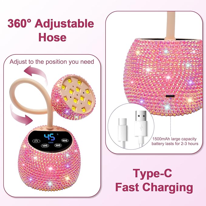 CGBE UV LED Nail Lamp, 36W Mini Cordless Flash Cure Lamp, USB Rechargeable Goosenecks LED Nail Light with 4 Timers & Auto Sensor for Salon Home DIY Use, Pink Diamond