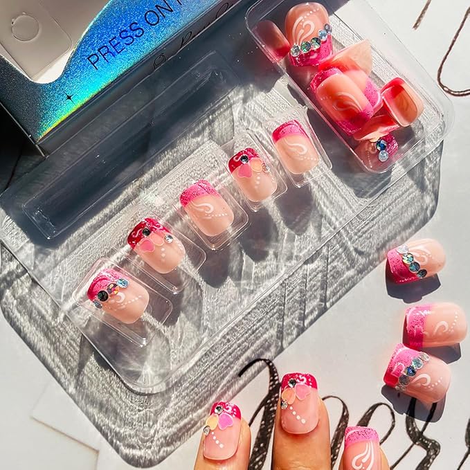 Valentines Nails Short Press on Nails French Tip Glitter Pink Fake Nails with Heart Rhinestone Designs Valentine's Day Glue on Nails Heart False Nails Petite Acrylic Stick on Nails for Women 24Pcs