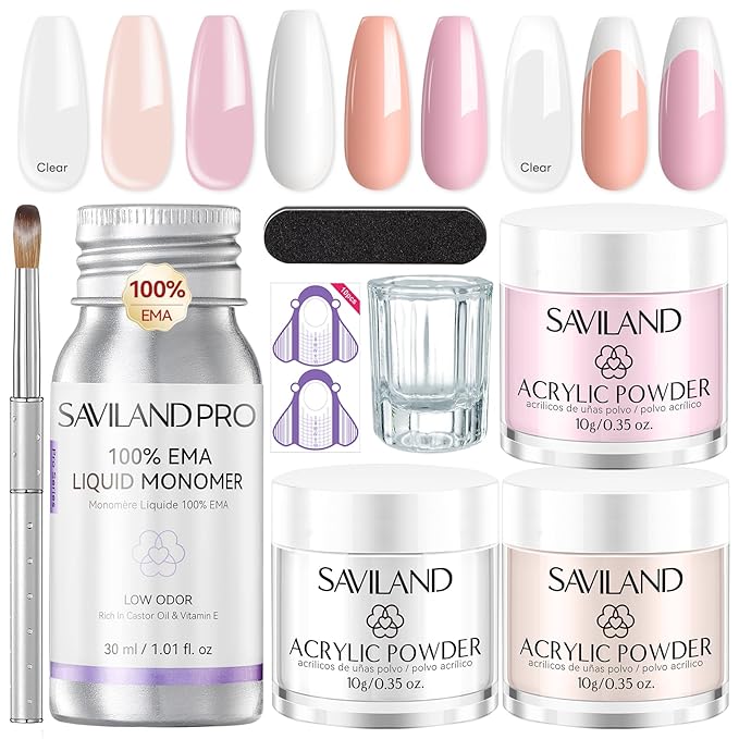 SAVILAND Acrylic Nail Kit for Beginners: Clear Pink Nude Acrylic Powder and Liquid Set with #12 Nail Brush File Forms Dappen Dish for Acrylic Nails Extension & 3D Carving Home DIY Salon Manicure
