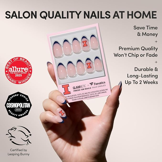 Glamnetic x Fanatics Press On Nails - Illinois Fighting Illini | Short Almond Fake Nails, Collegiate Illini Blue French Tips, College Nails, Salon-Quality | 15 Sizes - 30 Nail Kit with Glue