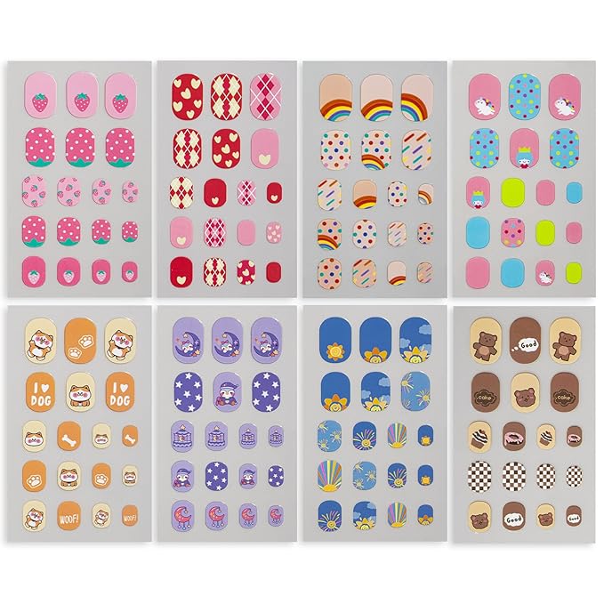 8 Sheets Kids Nail Stickers Full Nail Wraps for Girls, Cute Strawberry Rainbow Unicorn Bear Designs 3D Self-Adhesive Nail Art Decals Holiday Colorful Manicure Decorations for Age 7 and Older