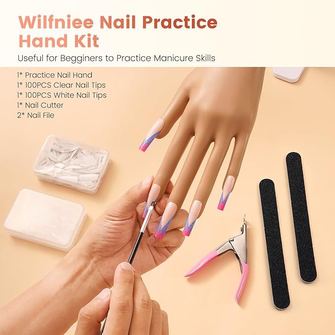 Practice Hand for Acrylic Nails: Nail Tips Won't Fall off Fake Hand for Nail Practice - Flexible Practice Nail Hand With 200PCS Nail Tips for Beginners Salon