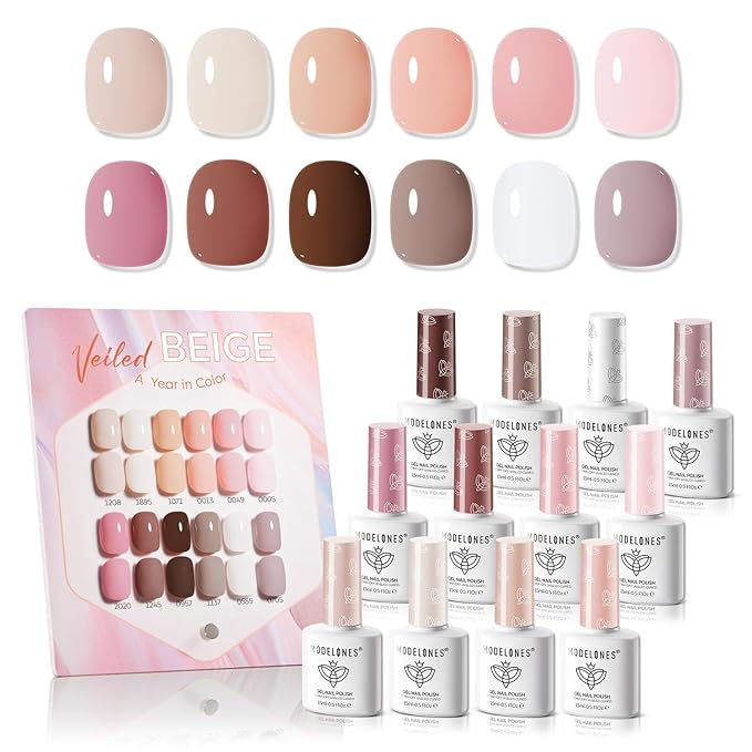 modelones 15ML Gel Nail Polish Set 12Pcs, Nude Pink Milky White Beige Skin Tones Neutral Brown Hema-free Gel Polish Spring Kit Same Color Same Bottle Soak Off Gel Polish Set Manicure Nail Art