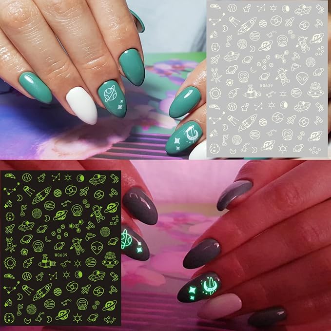 Alien Nail Art Stickers: 3D Astronaut Space Alien UFO Rocket Earth Moon Star Nail Transfer Decals - Luminous Self-Adhesive Sticker Designs for Women & Girls Manicure Tips Decorations