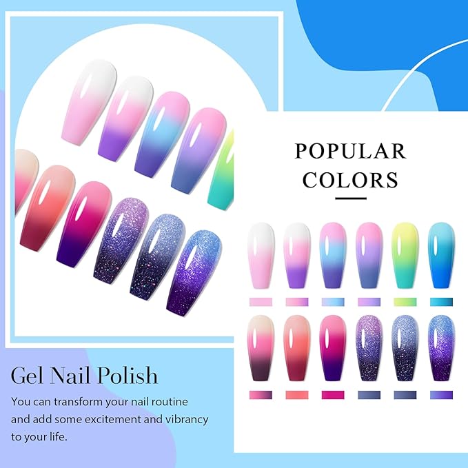 Color Changing Gel Nail Polish Set Temperature Mood Changed Glitter Blue Purple Nail Art Design Gifts for Women Girls 12Pcs*8ml