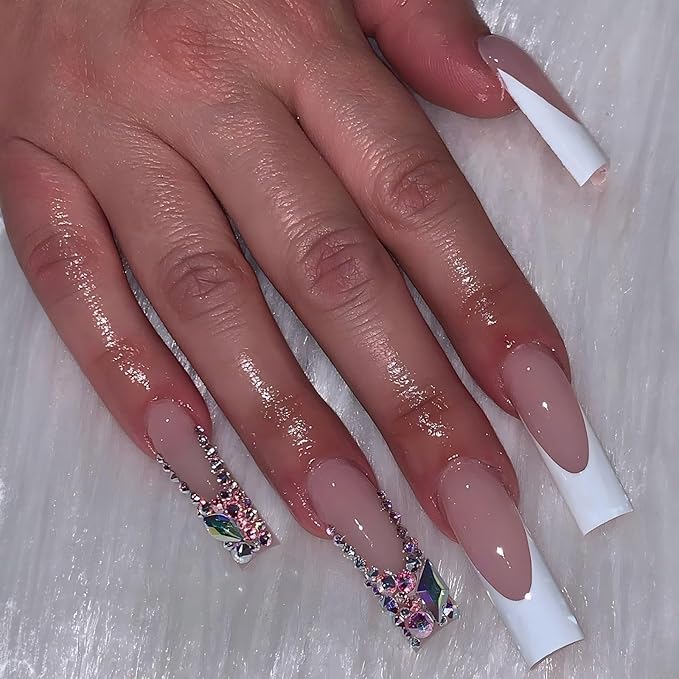 FORBELOVED NAILS,French Tip-White Press On Nails,Long Square Glue On Nails,Glitter Muti Colorful Gems False Nails For Women And Girls,12 Sizes-24Pcs with Glue,(White),FOB