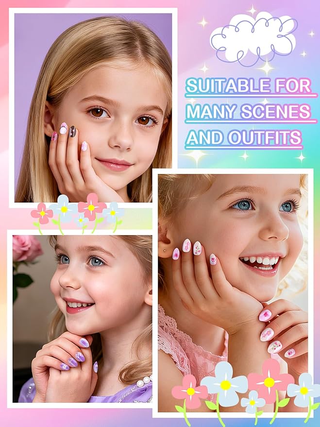 EBANKU 72Pcs Press on Nail Kids, 3 Pack Purple Heart Kid Flase Nails Kit with Nail Glue Set Fake Nail for Girls Nail DIY Salon Home Decor