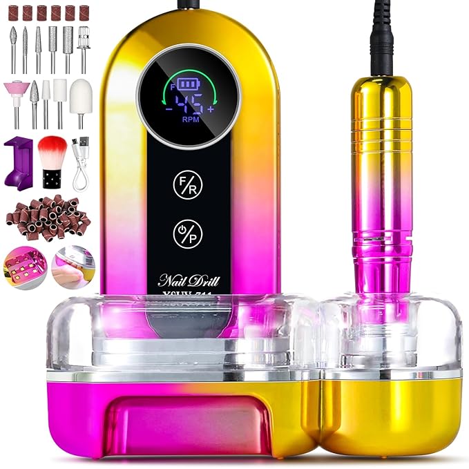 Professional Electric Nail Drill Kits 45000RPM Gradient Gold Portable Cordless 3-in-1 Nail File Machine with Rechargeable Stand and Nail Lamp for Acrylic Gel Polish Removing Home & Salon Use