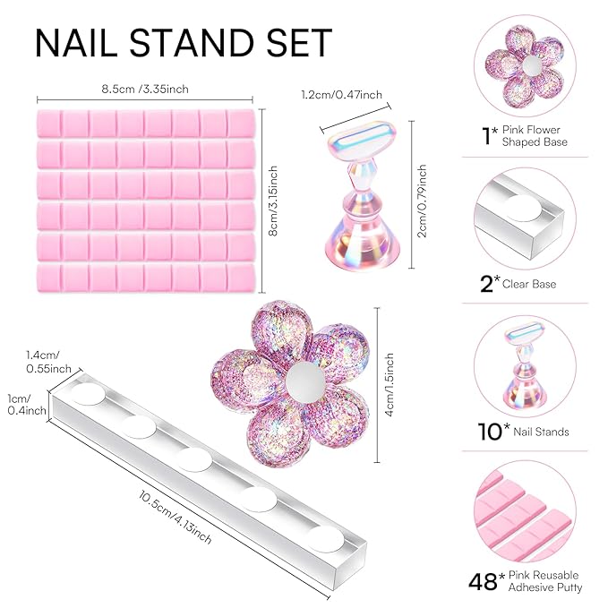 Makartt Press on Nail Stand: Magnetic Nail Holder for Painting Nails DIY Pink for Art Display Practice, Pink Glitter Flower Fake Holder for Home Salon with Reusable Adhesive Putty