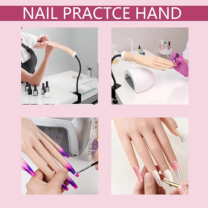 Nail Practice Hand, Practice Hand for Acrylic Nails - Flexible Right Hand Kit | 140 Tips, Glue, 6 Brushes, Clamp Stand | Manicure Training Tools for Beginners & Pros