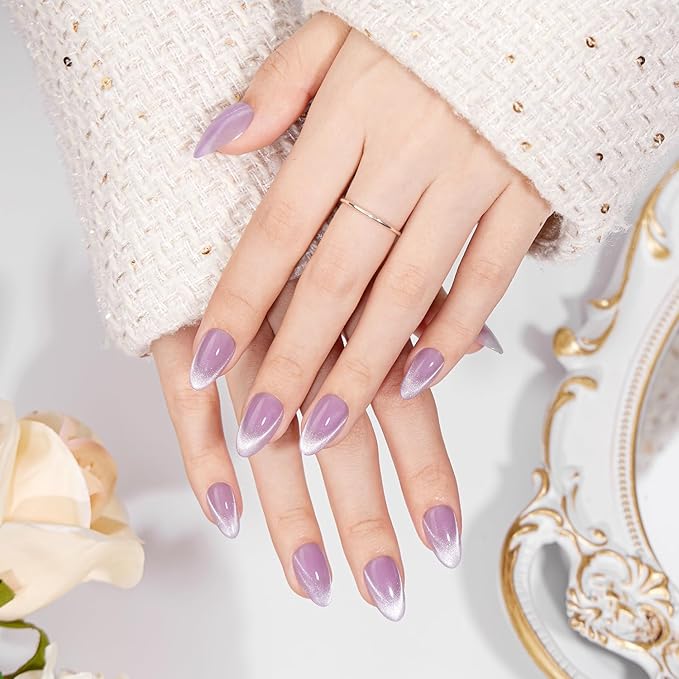 VSALON Press On Nails Short Almond, Light Purple Cat Eye French Tip Fake Nails, Semi-transparent Reusable Stick On False Nails, 32 Pcs in 16 Sizes with UV Glue Nails Kit, Valentines Gift for Women