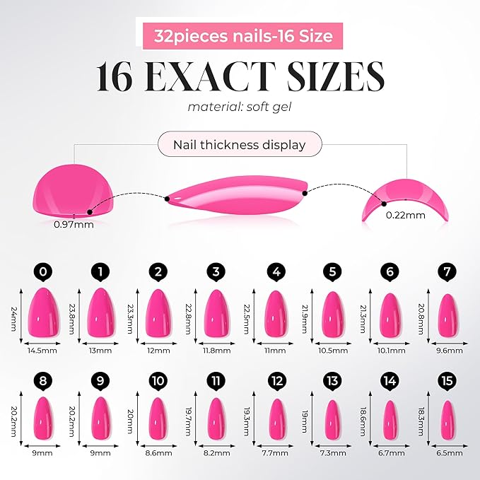 UNA GELLA Soft Gel Press on Nails - 32Pcs 16 Sizes Hot Pink Almond Fake Nails, Glossy Reusable Glue on Nails for Women, Durable Long Artificial False Nails Kit for DIY Manicure