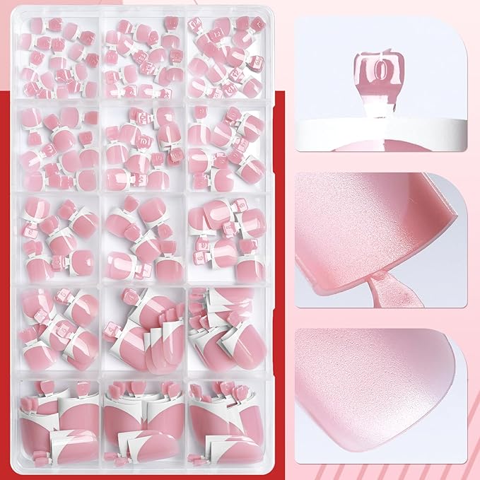 150pc White French Tips Press on Toenails Women Fake Toenail with Glue Tab, Berry Pink Toe Nail Press ons Nails Short Square Fake Toe Nail Tips French Glue on Toenails Stick Acrylic Toes Nails Kit