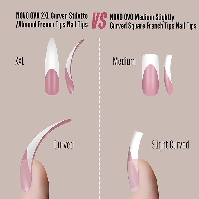 NOVO OVO Halloween XXL Curved Stiletto Almond French Tip Nail Tips, Soft Gel Extra Thick Long Acrylic Hawk Curve Fake Extension, Need Builder Gel & Top Coat, Full Cover Press on DIY 12 Sizes 240 pcs