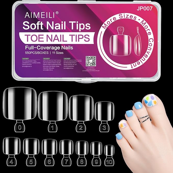 AIMEILI Fake Toenail Tips - 550pcs 10 Sizes Clear Full Cover Toe Art Nails Press on Artificial Fake Toe Nails Gel Nail Extensions for Foot Manicure Women Nail Salons and DIY