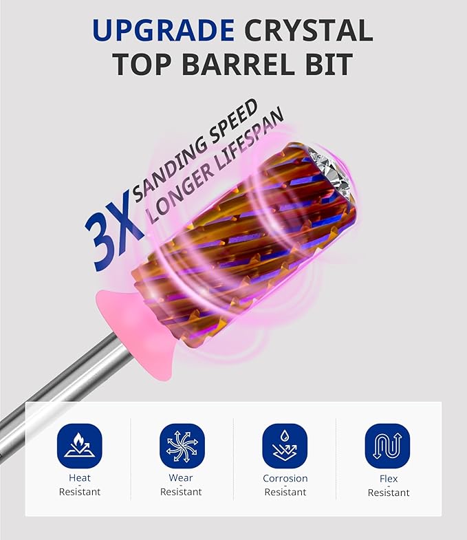AIRSEE Tungsten Carbide Acrylic Nail Drill Bit Super Cut Bit Efile Electric File Machine Head Tip for Manicure Polishing Art Remove Gel Professional 3/32" Beginner Safety Crystal Top Barrel 3X Coarse
