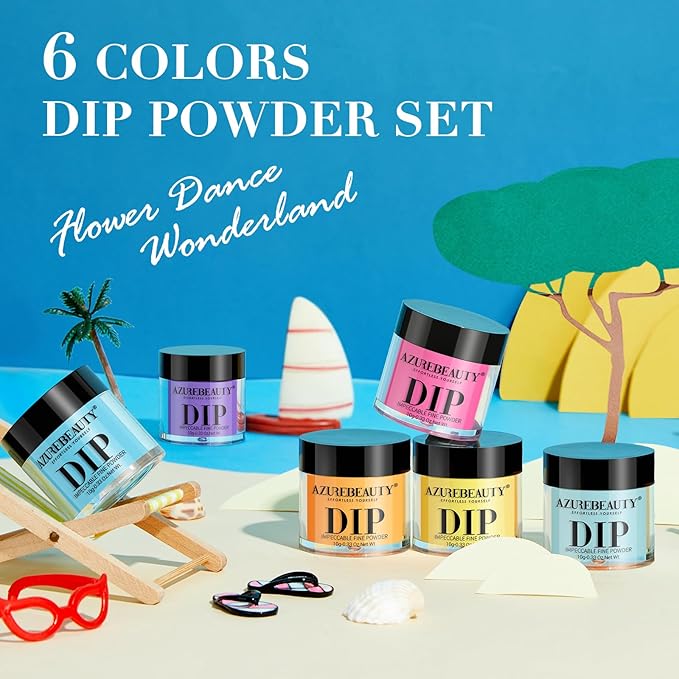 AZUREBEAUTY Bright Summer Dip Powder Nail Set, 6 Colors Pink Blue Purple Yellow Orange Dipping Powder Nail Starter Kit French Art Manicure DIY Mother's Gift for Women, No Need Nail Lamp Cured