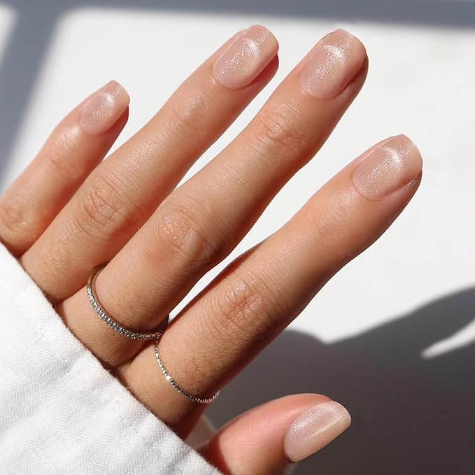 Nude Cat Eye Press on Nails Short Square, French Tip Short Square Glue on Nails for Women Gift, Reusable Soft Gel Press on Acrylic Nail with Designs 30Pcs(Nude)