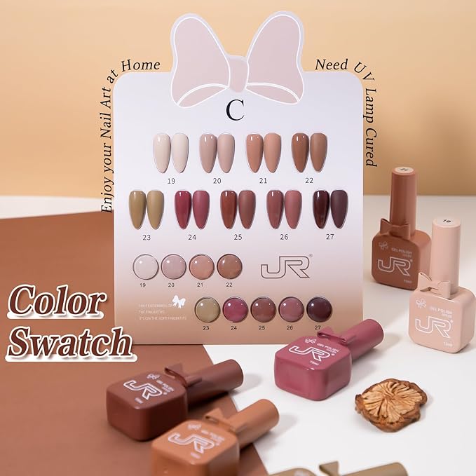 JR 9 Colors 0.5oz Brown Gel Nail Polish Set Bow Bottle Design Nude Gel Polish Kit UV LED Soak Off Polish Home DIY Gift Dark Brown Colors Nail Gel Polish Kit Series