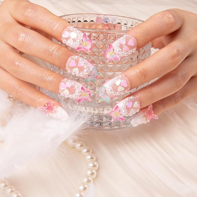 LOVFUL Press on Nails Tipsy Butterfly | Handmade with Full Covered Crystals | Reusable Fake Nails | Almond Regular 1.0 in | H184-L