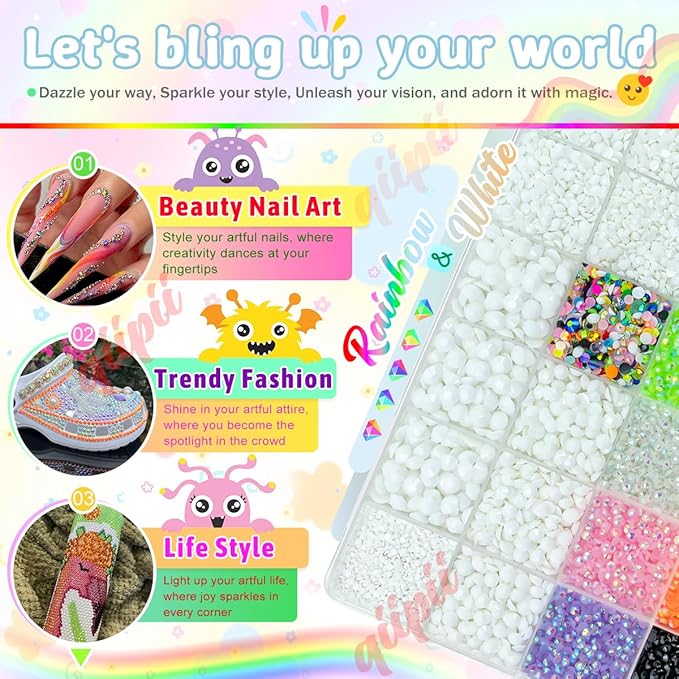 Pure White Resin Rhinestones w B7000 Glue for Crafting Bedazzling 2mm-6mm Flatback Colorful Jelly Stones Diamonds Gems Bedazzler Kit for Nails Face Eyes Makeup Tumblers Bottles Shoes DIY Crafts