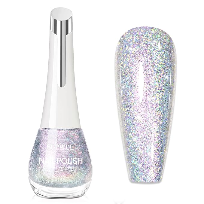 Glitter Holographic Nail Polish Quick Dry High Glossy Shiny Shimmer Nail Polish Oil-based Holo Fingernail and Toenail Air Dry Fast Beauty Art Manicure Gift For Women Girls 16ml, 0.54fl oz