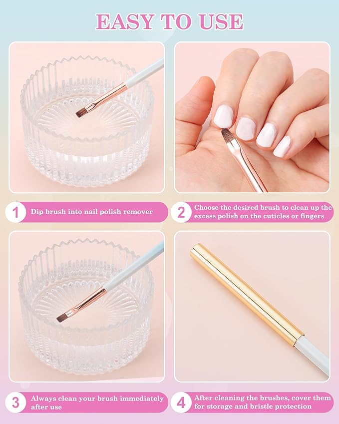 outopen 3Pcs Nail Art Clean Up Brushes, Oval/Flat/Angled Fine Nail Brushes Set Professional Nail Painting Brushes for Cleaning Polish Mistake and Nail Gel Application