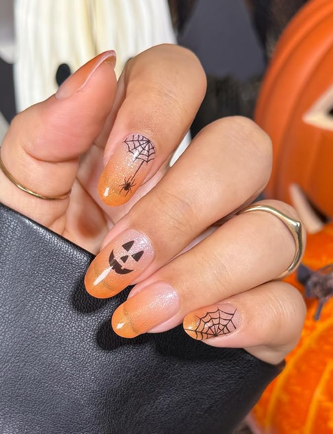 Semi Cured Gel Nail Strips (Orange Spider), Halloween, 20 Pcs Gel Nail Wraps, Stickers, Salon Quality, Long Lasting, Works with Any UV Lamps