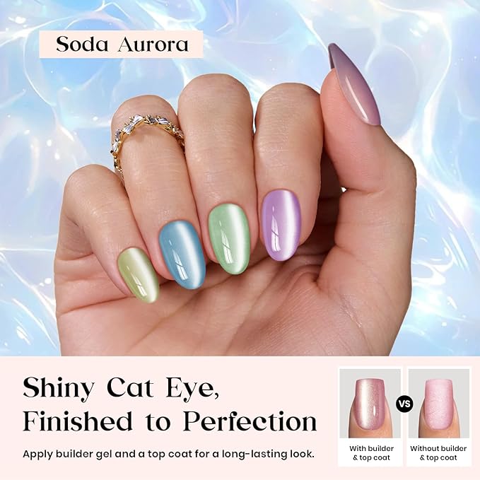 Beetles X Press Gel Nails Kit - Soda Aurora | 7 Colors Spring Cat Eye Press On Nails Short Almond | 224Pcs 16 Sizes All-in-One Kit With Nail Glue,Remover,Builder Top Coat,Nail Lamp Gift