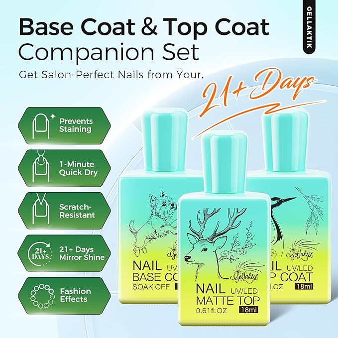 Gel Base and Top Coat Set, 3 Pcs 15ml No Wipe Glossy & Matte Top Coat - Long Lasting Manicure for DIY at Home and Salon Use, UV LED Nail Lamp Required