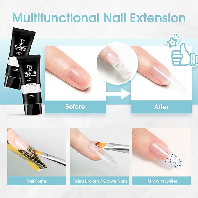 Clear Acrylic Poly Nail Gel, ROSALIND 2.7 oz Poly Extension Gel for Nail Art Decoration, Nail Thickening Extension Builder Clear Gel Easy to DIY Use at Home Need UV Lamp