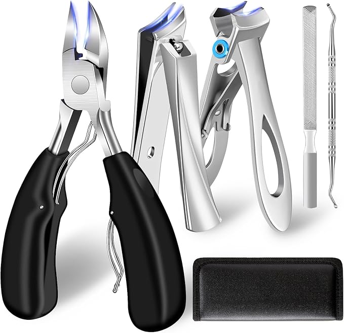 Toenail Clippers for Thick Toenails/Seniors - Heavy Duty Angled Head Nail Clippers for Men, Large Wide Jaw Ingrown Toenail Clippers, Long Handle Sharp (5pcs)