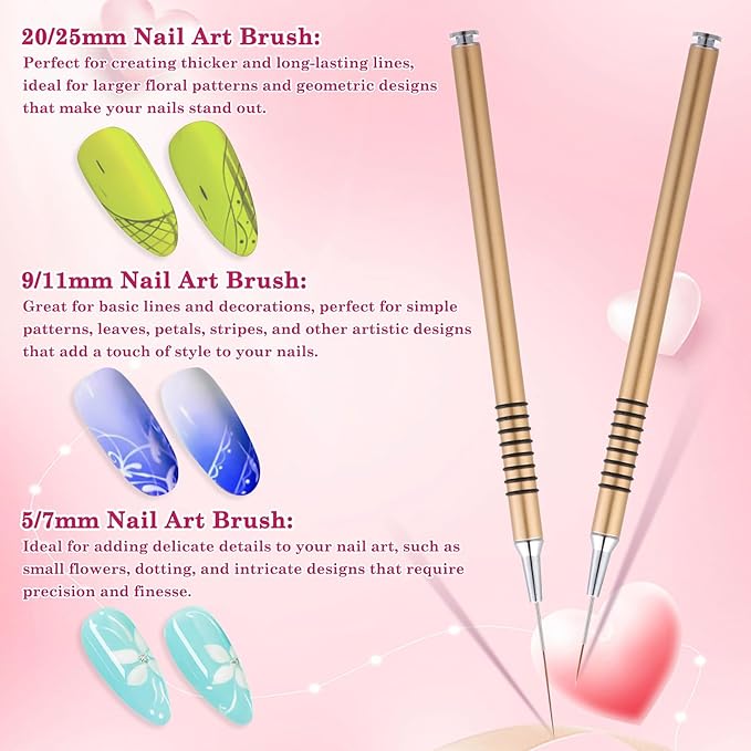 6Pcs Nail Art Liner Brushes Set, Fine Drawing Painting Details Design Striping Brush With Gel Polish Acrylic Handle Gifts Manicure Tools DIY Sizes 5/7/9/11/15/25mm, Gold