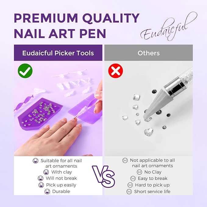 Rhinestone Picker Tool Kit: 2Pcs Rhinestone Applicator Handle, Dual-Ended Bedazzling Tools Pen with 12 Upgraded Plastic Replacement Tips, Clay for DIY Nail Art Craft (Purple)