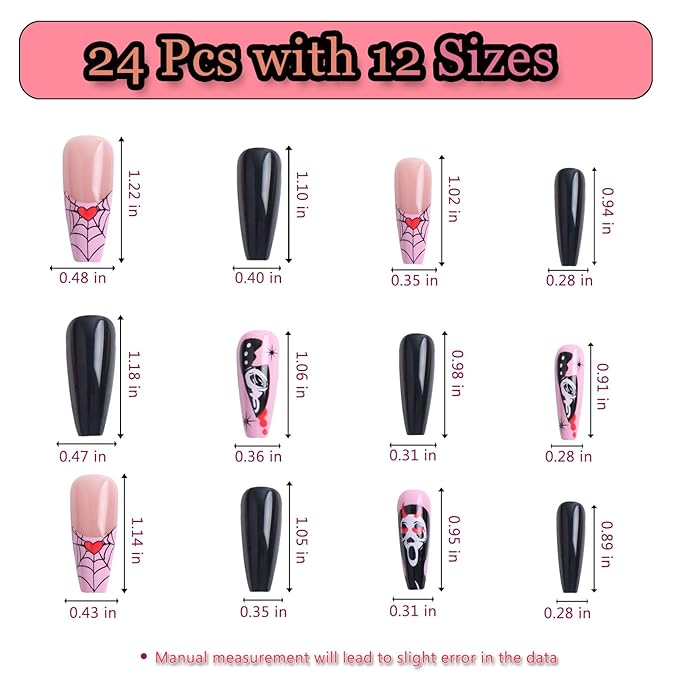 24pc Pink and Black Long Square Press On Nails with Blood Knife and Cobweb for Costumes, Reusable Nail Kit with Adhesive Tabs, 12 Sizes (Pink and Black)