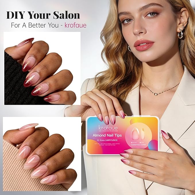 krofaue Almond Nail Tips 240pcs - Half Matte Short Press On Nails, 12 Sizes Pre-Shaped Extra Short Clear Tips for Full Cover Nail Extensions DIY