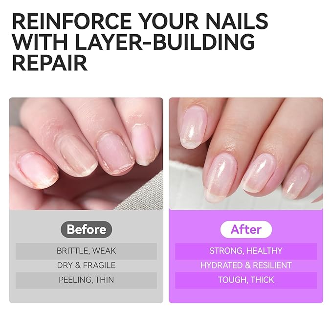 Nail Repair Strengthener for Home Care: Gelike EC 6 in 1 Natural Nail Protein Hardener Extra Strong and Growth - Long Lasting and Fast Dry Polish for Damaged Weak Split Treatment(Glitter Pink 15ml)