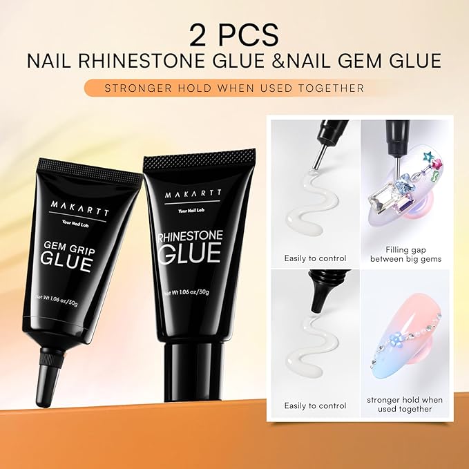Makartt Nail Rhinestone Glue Gel Set: 60g 3D Super Strong No Wipe Nail Glue for Charms Gems Crystals Beads Decorations Gem Grip Glue DIY Beginners & Salon UV Lamp Needed (2PCS Low & Medium Viscosity)
