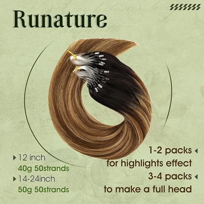 RUNATURE Micro Bead Hair Extensions Real Human Hair Black Balayage Brown to Blonde Micro Link Hair Extensions Brown Ombre Hair 12 Inch 40gram