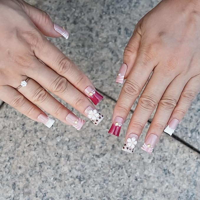 Press On Nails Handmade Short Duck Nails, 3D Floral Cute Thick Acrylic Fake Nails White Pink French Tip False Nails with Rhinestones Blossom Designs (Blush White Gradient Daisy,S)