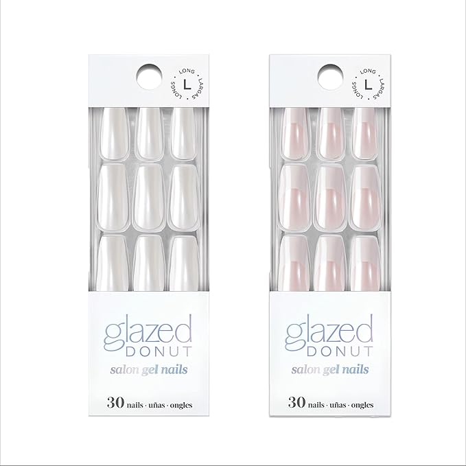 Dashing Diva Nailbliss Glazed Donut Gel Manicure Bundle - Vanilla Glaze & French Glaze - Salon Quality, Easy to Apply and Chip Resistant - Contains 2 Sets of 30 Long Length, Square Shaped