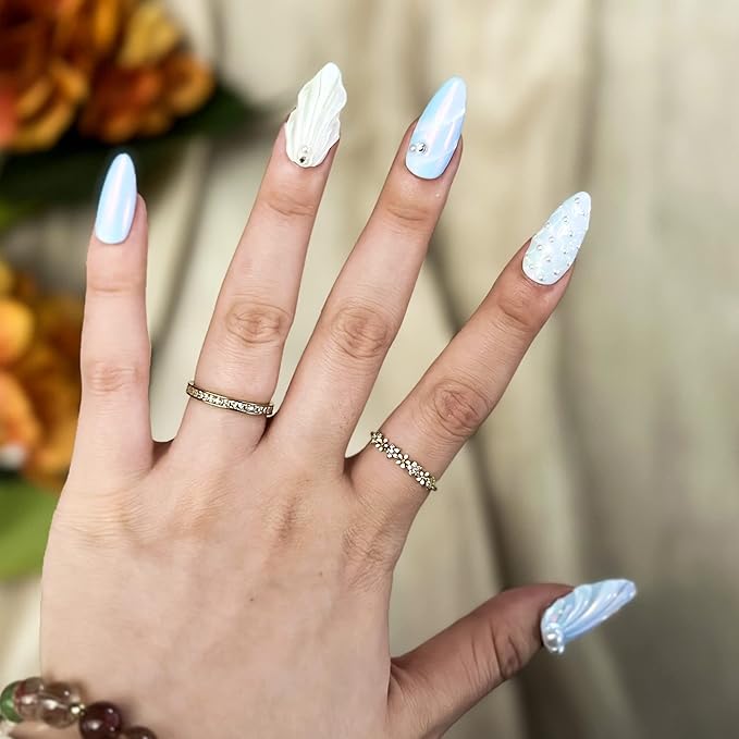 Sun&Beam Nails Handmade Press On Nail Medium Long Almond Oval Blue White Pearl Shell Fake Tip 3D Design Art Charms Cute with Storage Box 10 Pcs (Blue-XS)