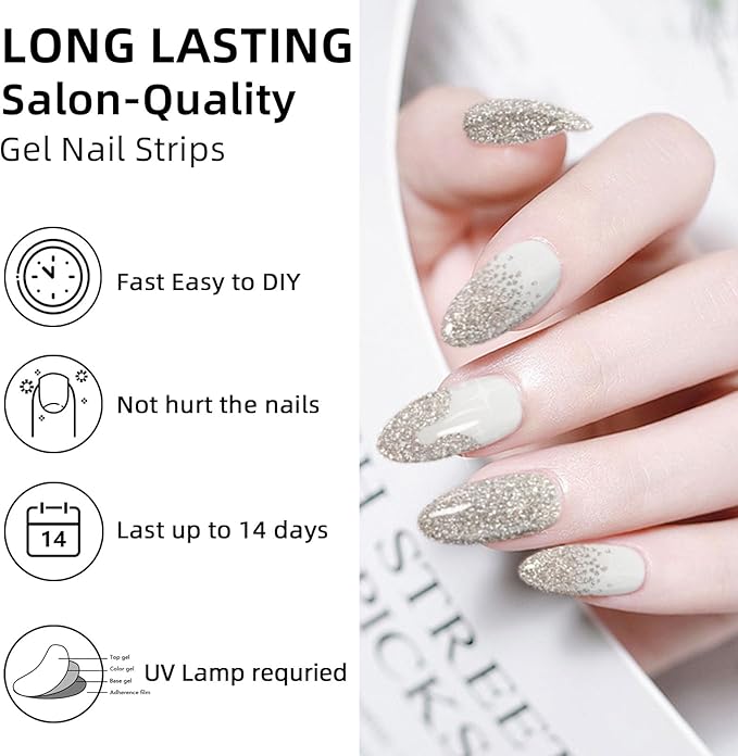 Semi Cured Gel Nail Strips,28 pcs Sparkling Gold Gel Nail Stickers with UV Light Required,Long Lasting Nail Art Stickers, Easy to Apply（French Gold）