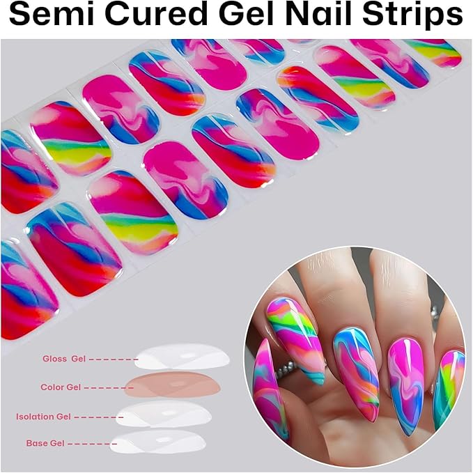 Semi Cured Gel Nail Strips,Colorful Marble Nails Stickers with High Gloss and Glitter Design for Women,60S UV Light Curing Manicure,Long Lasting, Arts at Home