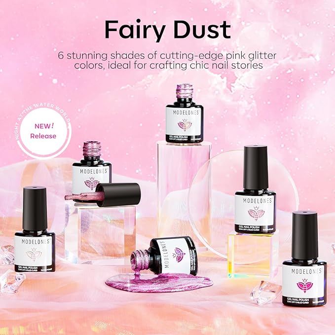 modelones Pink Glitter Gel Nail Polish Set, 6 Colors Valentine's Day Hot Pink Tones Sparkle Pink Shades Shimmer Cat Eye for Women Girl Nail Lovers Gift Salon DIY Nail Art Gel Nail Kit