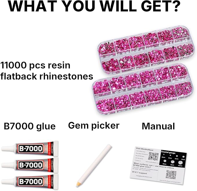 11000Pcs Hot Pink 2/3/4/5mm Flatback Rhinestones with Glue for Bedazzling Crafting Clothing Clothes Crafts Shoes Nail Art, Resin Flat Back Gems Crystals Diamonds Gemstones Jewels Stones Kit