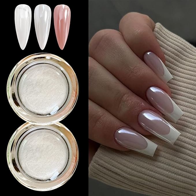 2Pcs White Chrome Nail Powder, Pearl Nail Chrome Powder Magic Clear Mirror Effect Nail Glitter White Shimmer Pigment Dust for Nails Art Design