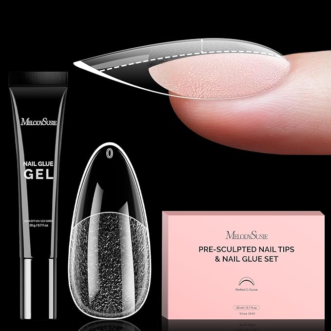 MelodySusie Medium Almond Gel Nail Tips Kit-300PcsPre-Building Apex Fake Nail Tips 20g Solid Nail Glue Gel,Half Matte Full Cover Clear Acrylic Nail,15Sizes Thick Strong Long Lasting for Home DIY&Salon