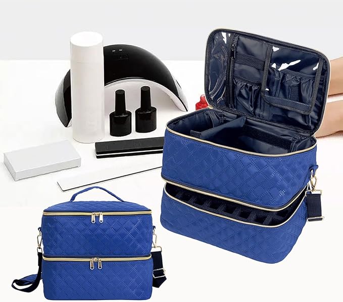 Nail Polish Organizer Case Holds 40 Bottles(15ml/0.5fl.oz) and Nail Lamp, Double Layer Nail Polish Storage with Adjustable Dividers,Portable Carrying Bag for Nail Kit, Manicure Tools Blue
