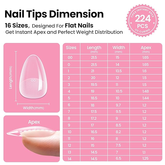 Beetles Tipex Instant Apex Nail Tips Kit – Almond Short, Pre-Etched, Thick Full Cover Acrylic Tips with Tipex UV Gel Glue, Dehydrator, Primer, Base & Top Coat, Mini UV Lamp, 224PCS in 16 Sizes